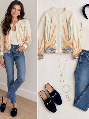 White Multicolor Embroidered Button-Front Cream Cardigan Jacket Size Small